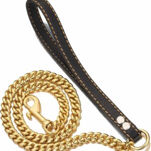 1 Gold PRADOG Chain Dog Leash Metal Chew Proof 12MM Pet Leash Chain with Leather Padded Handle for Large Medium Small Dogs