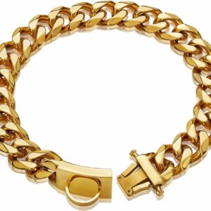 1 Gold Dog Chain Collar Walking Metal Chain Collar with Design Secure Buckle,18K Cuban Link Strong Heavy Duty Chew Proof for Small Dogs(19MM