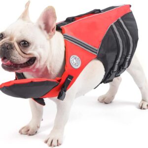 French Bulldog Swim, Life Jacket, Life Vest with Chin Float Rescue Handle for Corgi Pug, Adjustable High Visibility Flotation Swim Vest for Swimming Boating (Red)
