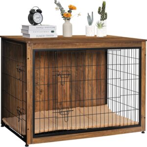 9d_DWANTON Dog Crate Furniture with Cushion, XL Wooden Dog Crate with Double Doors, Large Dog Crate Furniture, Dog Kennel Indoor, Dog House, Extra Large, 43.3″ L, Warm Brown