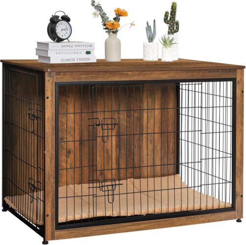 9d_DWANTON Dog Crate Furniture with Cushion, XL Wooden Dog Crate with Double Doors, Large Dog Crate Furniture, Dog Kennel Indoor, Dog House, Extra Large, 43.3″ L, Warm Brown