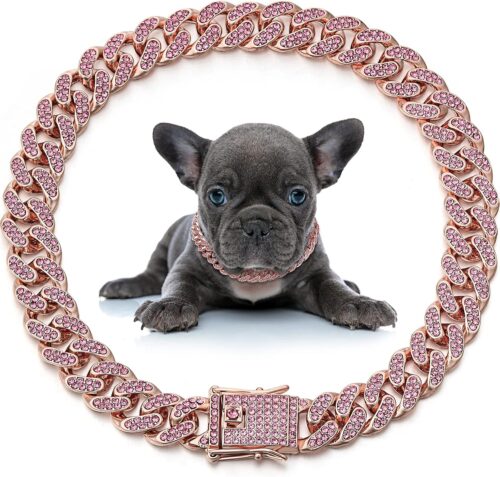 a_Link Metal Pet Necklace Rose Gold Pink Crystal Collar