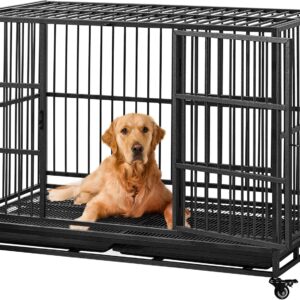 9d_aheetech 48” Dog Crate Extra Large Pet Crate XXL Indestructible Dog Crate for Large Dogs with Lockable Wheels/Removeable Trays for Indoor/Outdoor