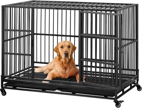 9d_aheetech 48” Dog Crate Extra Large Pet Crate XXL Indestructible Dog Crate for Large Dogs with Lockable Wheels/Removeable Trays for Indoor/Outdoor