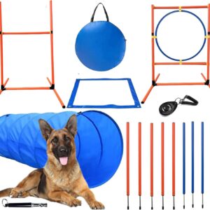 1a_Dog Agility Course Equipment Set, Dog Jump Training Obstacle Course Starter Kit Pet Outdoor Games Pet Outdoor Games with Tunnel, Weave Poles, Hurdle, Jump Ring, Carrying Bag