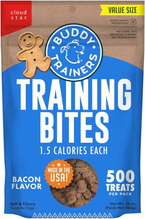 1a_Buddy Biscuits Trainers 10 oz. Pouch of Training Bites Soft & Chewy Dog Treats Made with Bacon Flavor