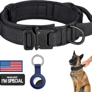 1_DAGANXI Tactical Dog Collar, Adjustable Military Training Nylon Dog Collar with Control Handle and Heavy Metal Buckle for Medium and Large Dogs, with Patches and Airtags Case (L, Black)