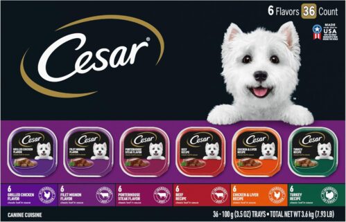 9b_CESAR Adult Wet Dog Food Classic Loaf in Sauce Grilled Chicken, Filet Mignon, Porterhouse Steak, Beef, Chicken & Liver and Turkey Variety Pack, 3.5 oz. Easy Peel Trays, Pack of 36