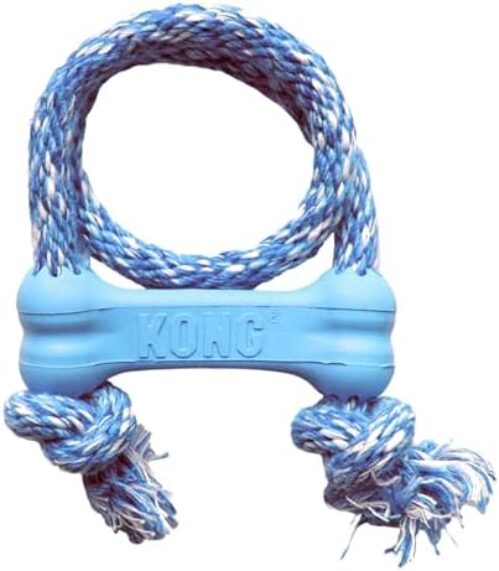 KONG Puppy Goodie Bone with Rope – Natural Rubber Bone with Cotton Rope – Teeth Cleaning Chew Toy for Growing Puppies – for XS Puppies – Blue