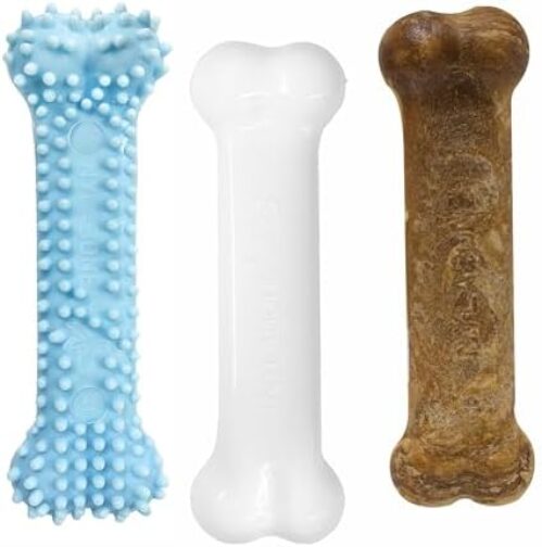 Nylabone New Puppy Starter Kit, Chew Toys & Natural Chew Treat for Puppies, Puppy Enrichment Teething Toys, Blue, Long Lasting Chicken & Bacon Flavor, Small Dogs – Up to 25 Ibs, 3 Pack