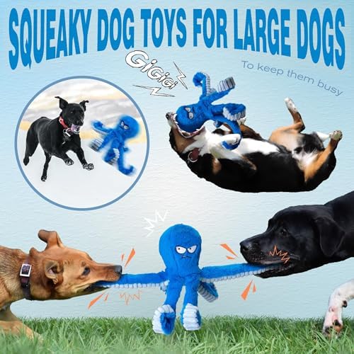 LEGEND SANDY Tough Dog Toys, Stuffed Chew Large Dog Toys to Keep Them Busy, Interactive Squeaky Tug of War Doggie Toy, Crinkle Blue Octopus - Image 6