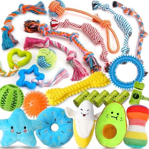 Zeaxuie 25 Pack Luxury Dog Chew Toys for Puppy, Dog Toys with Ropes, Treat Ball and Squeaky Puppy Toys for Teething Small Dogs