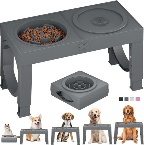 2_XIAZ Elevated Dog Bowls Large Breed Raised Dogs Bowl Stand Large/Medium Sized Dog Slow Feeder Dogs Bowls Food Water Stands 5 Heights Adjustable 9/11/12/14in Pet Feeder Dish Station