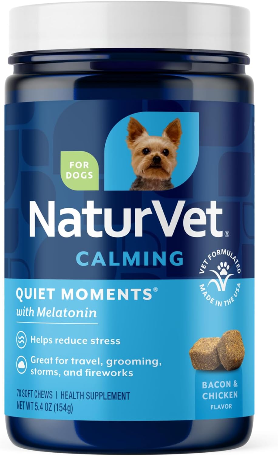 NaturVet Quiet Moments Calming Dog Supplement, Dog Soft Chews with Melatonin to Help Reduce Stress from Storms, the Vet, Fireworks, and Travel, Bacon and Chicken Flavored Pet Supplement