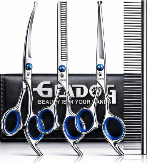 4_GLADOG Professional 5 in 1 Dog Grooming Scissors Set with Safety Round Tips, Sharp and Heavy-duty Pet Grooming Shears