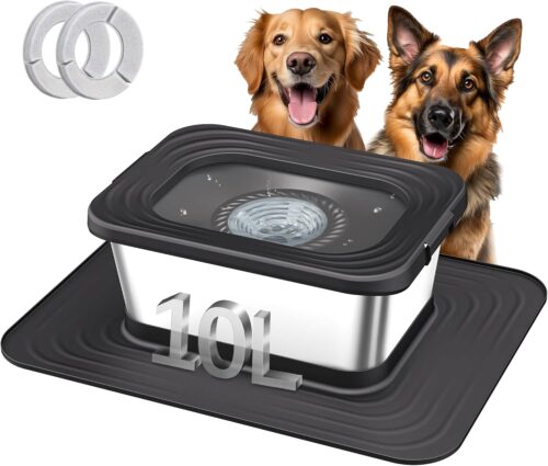 7_Decflow 10L Stainless Steel Dog Water Bowl, No Spill Anti-Splash Dog Bowls with XXL Silicone Mat, Spill-Proof Slow Feeder for Messy Drinkers, Heavy Duty Pet Bowls for Indoor/Outdoor Use Black