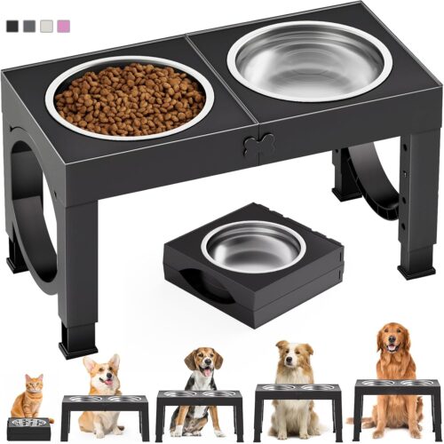 5_Elevated Dog Bowls Large Breed Raised Dogs Bowl Stand Large/Medium Sized Dog Stainless Steel Food Water Bowl Stands 5 Heights Adjustable 9/11/12/14in Black Pet Feeder Dish Station