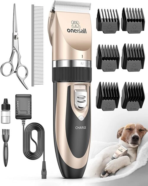 4_oneisall Dog Clipper Low Noise, Dog Grooming Kit with Rechargeable, Pet Shaver Cordless Electric Quiet Hair Clipper Set for Dogs Cats Pets
