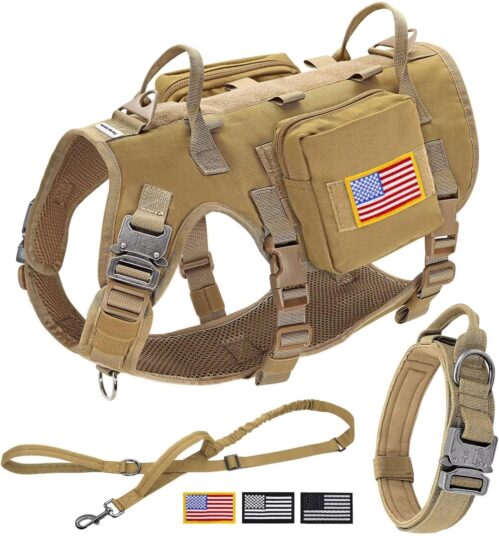 1_Forestpaw Tactical Dog Harness for Large Dogs,Tactical Dog Collar with Bungee Leash Set,No Pull Military Dog Harness for Walking Training,Adjustable for Medium Large Dogs,Khaki,Chest 19.5-41.5″