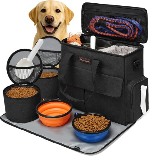 5_Dog Travel Bag by Modoker – Dog Travel Kit for a Weekend Away Set Includes Pet Travel Bag Organizer for Accessories, 2 Collapsible Bowls, 2 Travel Food Container