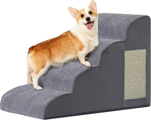 4_Dog Stairs for Small Dogs, 4-Step Dog Ramp for Bed 19.7″ H, Dogs Steps for Bed, Couch, Pet Stairs with Non-Slip Bottom Design, Cat Scratching, High Density Foam Portable Pet Steps, Indoor