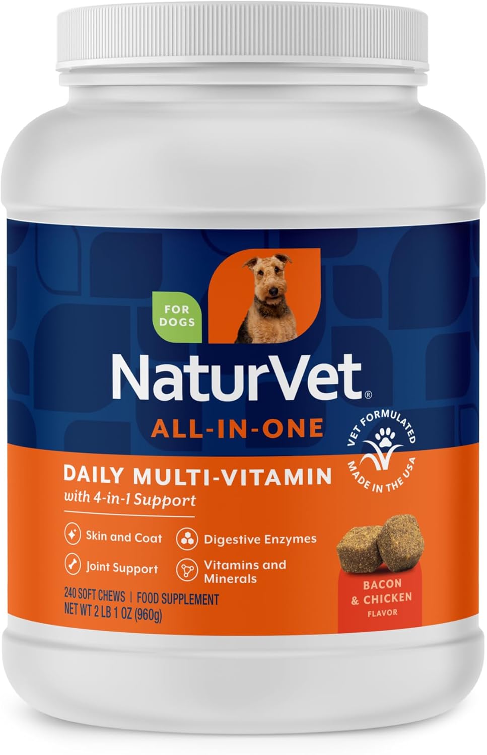 NaturVet All-in-One Dog Supplement Daily Multivitamin - 240 Soft Chews | Daily Multivitamin for Dogs - Supports Digestion, Skin & Coat with Omega-3, 6, 9 & Wheat-Free Formula