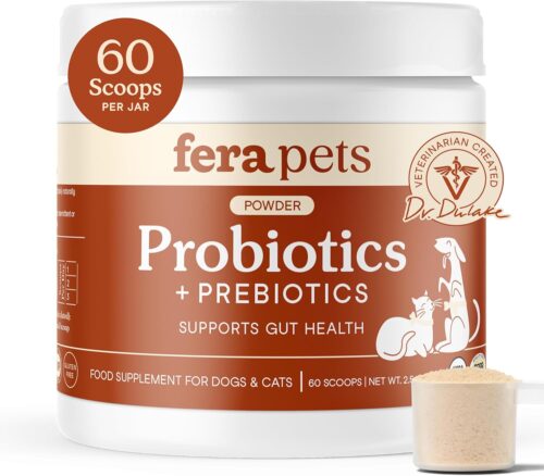 Fera Pets Organic Probiotics for Dogs & Cats with Prebiotics, 60 Scoops | USDA Organic Gut Health Powder Supplement with 12 Strains and 5 Billion CFUs for Immunity, Energy and Skin & Coat Health