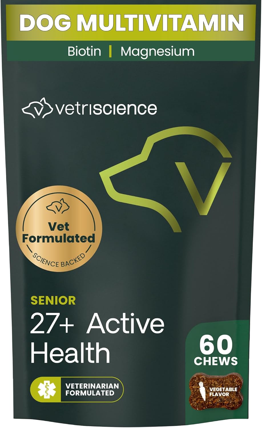 VetriScience Senior 27+ Active Health Chews, Canine Plus Daily Multivitamin for Senior Dogs, Balanced Vitamins, Minerals and Antioxidants, Healthy Aging and Wellness Support, Veggie