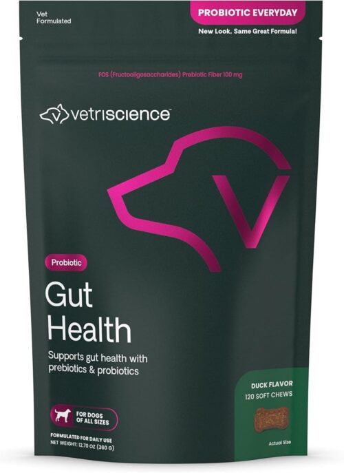 VetriScience Gut Health Chews, Probiotic Everyday Digestive Supplement for Dogs, Pet Probiotics for Digestion Support, Gas and Diarrhea, Immune Support, 1 Billion CFU Per Chew, Duck