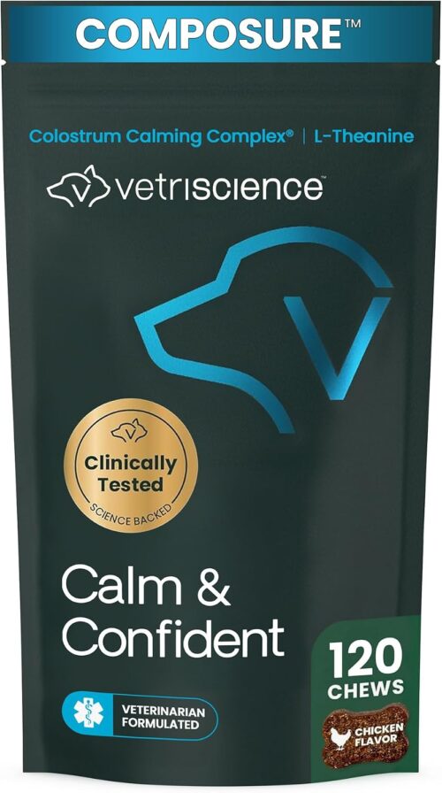 VetriScience Calm & Confident Chews, Composure Clinically Tested Calming and Anxiety Supplement for Dogs, Reduce Stress and Fear, Ideal for Thunderstorms, Fireworks and Travel, Chicken