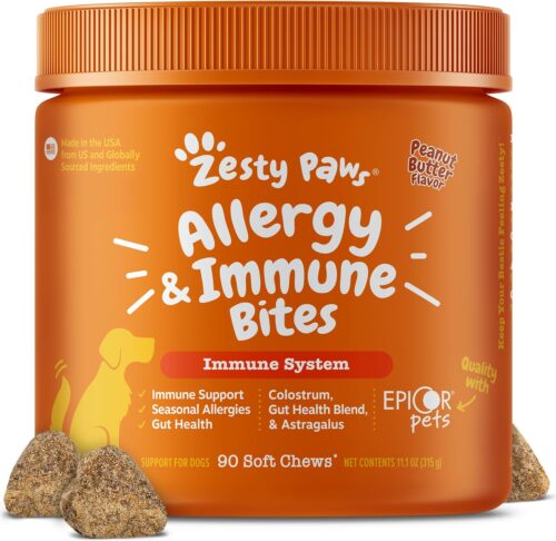 Zesty Paws Allergy Immune Bites – Dog Allergy Chews, Dog Probiotics for Itchy Skin and Ears, Peanut Butter