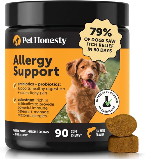 Pet Honesty Dog Allergy Chews – for Paw Licking, Itching & Seasonal Allergies – with Colostrum, Probiotics & Salmon Oil – Vet Recommended Itch Relief Supplement for Dogs