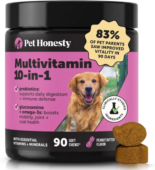 10-in-1 Dog Multivitamin Supplement with Glucosamine & Probiotics – Hip & Joint Support, Digestive Health, Immune Support, Heart & Skin – All-in-One Daily Vitamins & Omega-3s