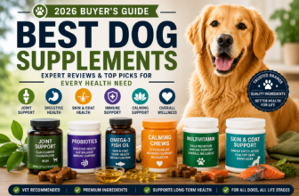 Healthy dog sitting beside top-rated dog supplements including joint chews, fish oil, probiotics, multivitamins, and calming chews.