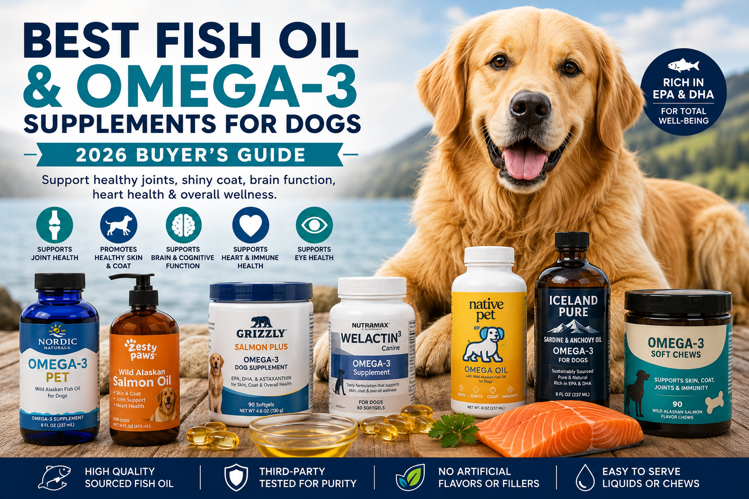 Dog with premium fish oil and omega-3 supplements that support healthy joints, skin, coat, heart, and brain health.