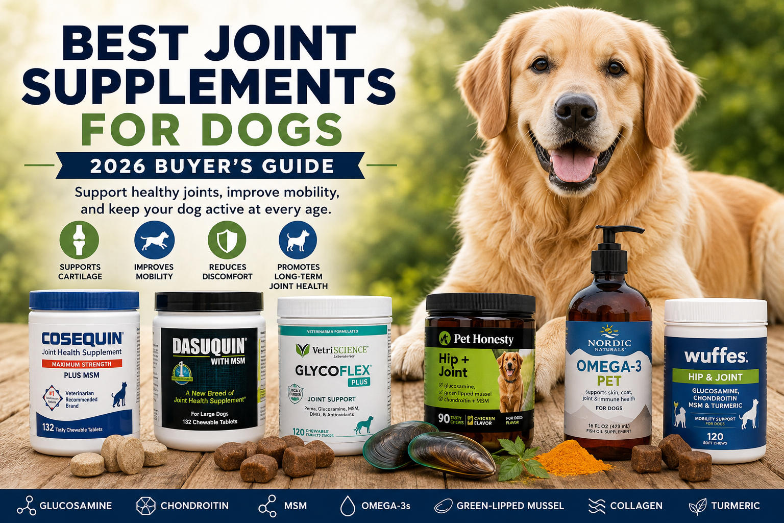 Dog with joint supplement chews, glucosamine, and mobility support products for healthy hips and joints.