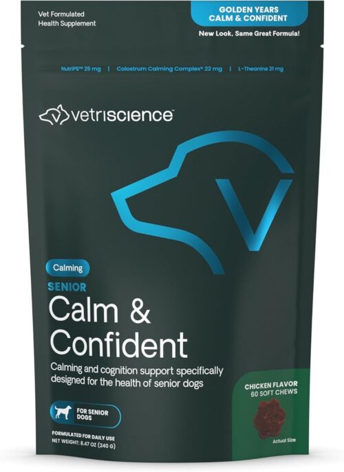 VetriScience Senior Calm & Confident Soft Chews with Colostrum and L-Theanine, Golden Years Calming, Cognition and Brain Health, Sundowners Supplement for Senior Dogs