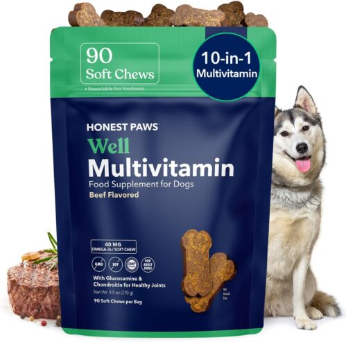 Dog Multivitamin Soft Chews with 10 Essential Vitamins – Joint, Coat, Immune, Eye & Heart Support – with Glucosamine, Chondroitin & Omega-3 – Beef Flavor | With glucosamine, chondroitin & omega-3; helps itchy skin; GMP-certified, Made in USA; probiotic blend