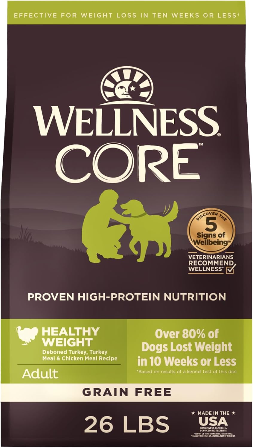 Wellness CORE Healthy Weight Adult Dry Dog Food, Grain Free Kibble, Natural, High Protein, Turkey and Chicken Recipe