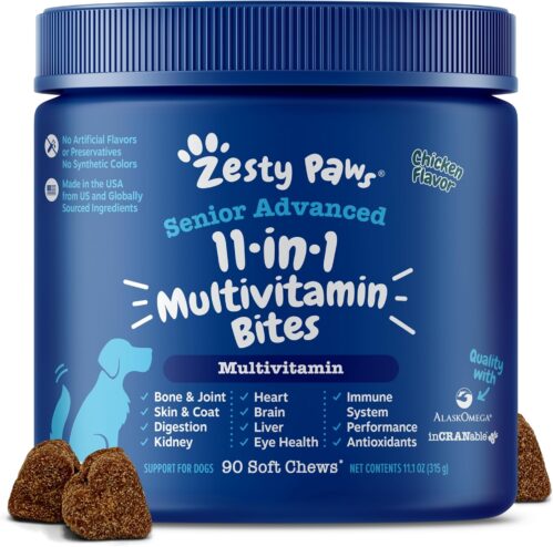 Zesty Paws Senior Dog Multivitamin Treats – Glucosamine for Dogs + Digestive Enzymes & Probiotics – Grain Free Dog Vitamins and Supplements for Skin & Coat + Immune Health Chicken – Advanced