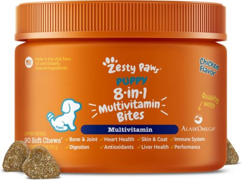Zesty Paws Dog Multivitamin, Chewable Dog Vitamins and Supplements for Hip & Joints, Skin & Coat, Omega 3 Fish Oil for Dogs- Puppy Multivitamin – Chicken Puppy Bites