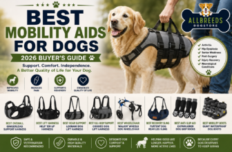 Best mobility aids for dogs featuring lift harnesses, support slings, dog wheelchairs, anti-slip socks, mobility boots, and a Golden Retriever wearing a support harness.