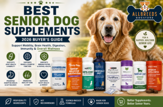 Best senior dog supplements for 2026 featuring joint support, multivitamins, omega-3, probiotics, cognitive health supplements, and a healthy senior Golden Retriever.