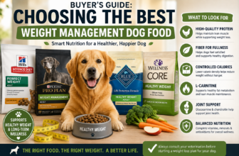 Healthy Golden Retriever with weight management dog food and nutrition checklist illustrating how to choose the best weight management dog food for overweight dogs.