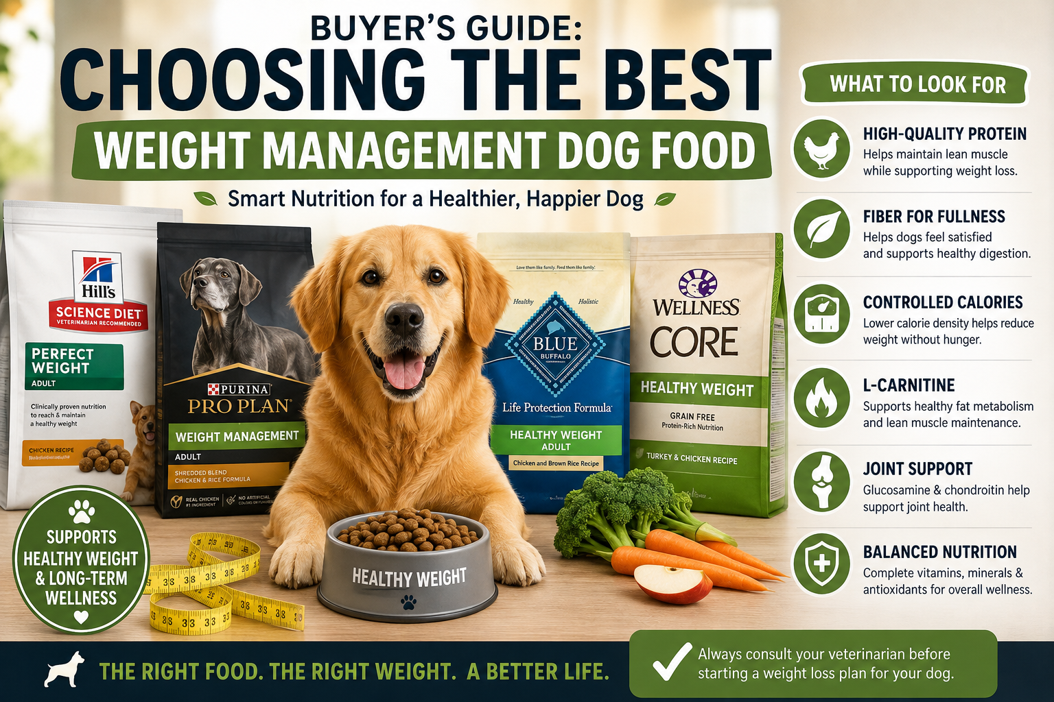 Healthy Golden Retriever with weight management dog food and nutrition checklist illustrating how to choose the best weight management dog food for overweight dogs.