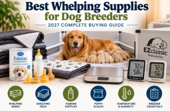 Best whelping supplies for dog breeders in 2027 featuring a mother dog with newborn puppies, whelping box, puppy scale, bedding, and feeding supplies