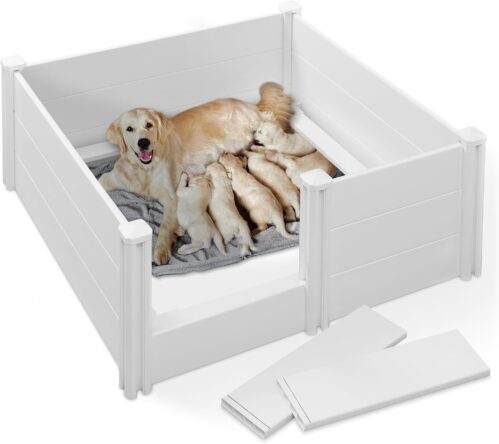 SmithBuilt 48″ x 48″ x 18″ Whelping Box for Dogs and Puppies, Heavy Duty PVC Whelping Pen and Birthing Box with Rails and Adjustable Height Door, White